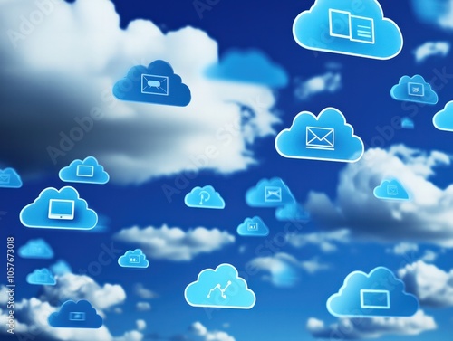 Cloud Computing Concept with Digital Icons Representing Data Storage and Connectivity in the Sky