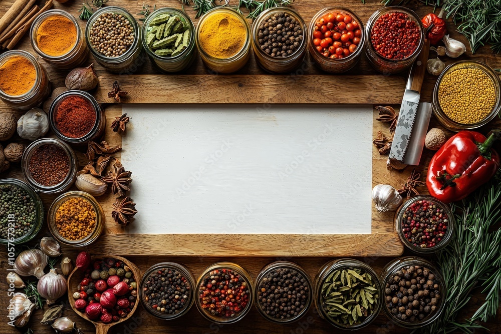 Wide variety of colorful spices in jars framing a blank wooden cutting board Wide variety of colorful spices in jars framing a blank wooden cutting board