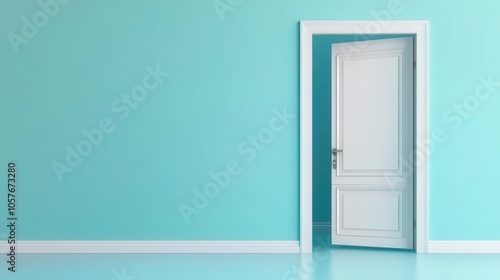minimalistic 3d render of an open door set against a serene blue background, representing opportunities and new beginnings in a modern architectural style