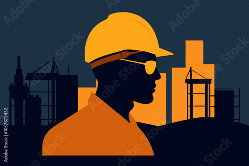 An engineer man wearing a hard hat, safety glasses, industrial site, cranes, scaffolding, orange glow, silhouette, architectural framework.