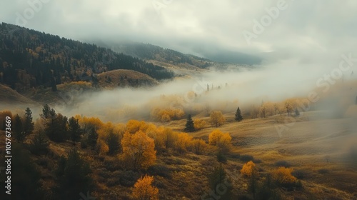 misty autumn landscape with rolling fog weaving through golden-hued hills and scattered trees, creating a serene, ethereal atmosphere that embodies the beauty of nature in transition