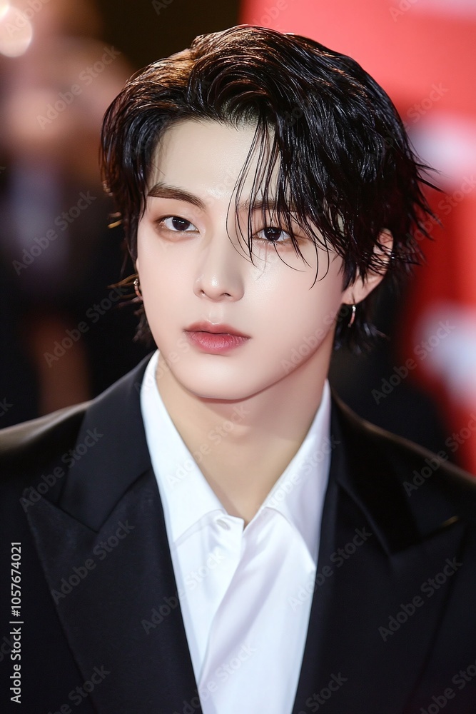 Korean male with medium-length hair, styled in an elegant side-parting and slicked-back hairstyle. He is wearing a white shirt under his black blazer Korean male with medium-length hair, styled in an elegant side-parting and slicked-back hairstyle. He is wearing a white shirt under his black blazer