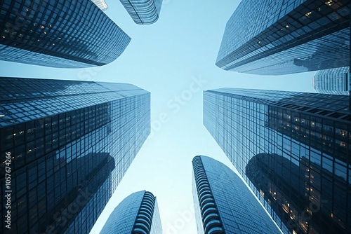 Upward View of Futuristic Skyscrapers - Modern Urban Architecture in Business District