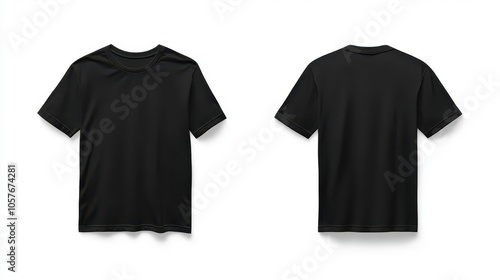 mock-up of a blank black t-shirt, front and back view, stylishly presented against a stark white background, perfect for showcasing creative designs