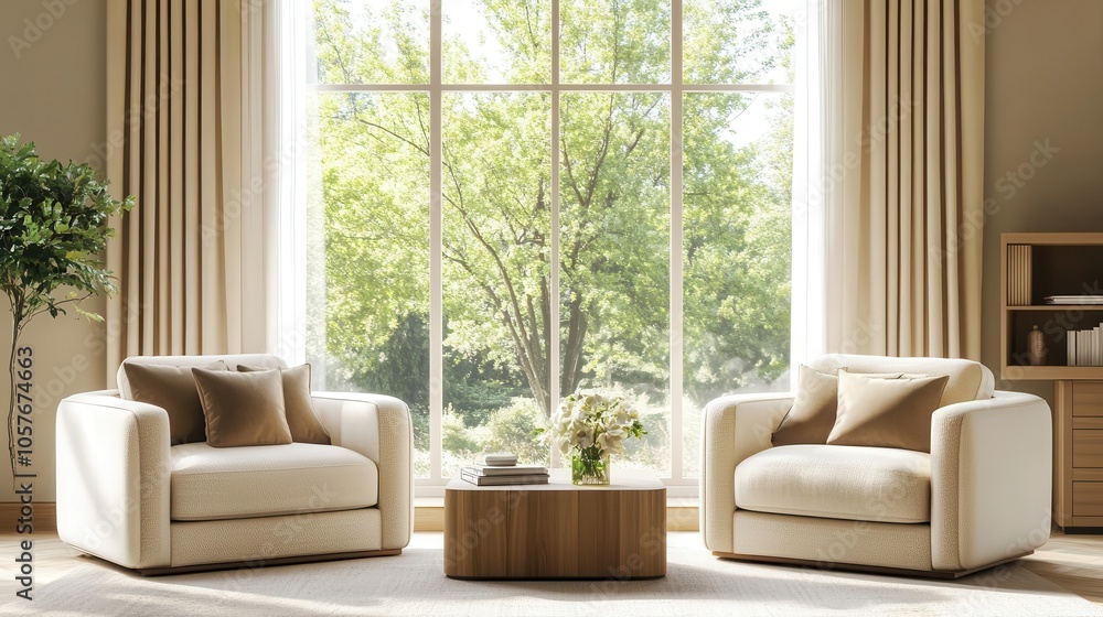 modern beige living room interior showcasing two stylish armchairs, a plush sofa, and a panoramic window that floods the space with natural light, creating a serene ambiance modern beige living room interior showcasing two stylish armchairs, a plush sofa, and a panoramic window that floods the space with natural light, creating a serene ambiance