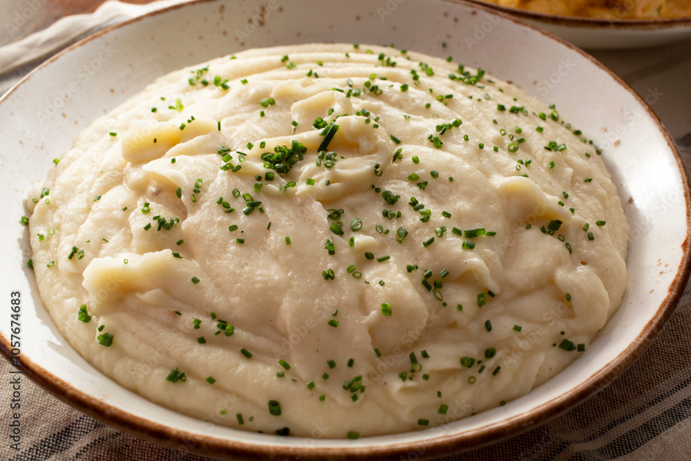 A view of a bowl of mashed potatoes. A view of a bowl of mashed potatoes.