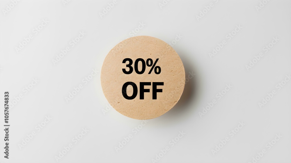Black '30% OFF' Text on a Light Brown Round Paper Note. White Background with Copy Space Black '30% OFF' Text on a Light Brown Round Paper Note. White Background with Copy Space