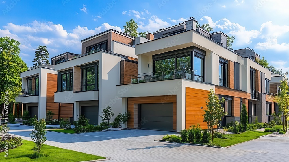 Fototapeta premium modern luxury housing development featuring stylish townhouses and villas, inviting viewers to explore contemporary architectural designs and real estate opportunities