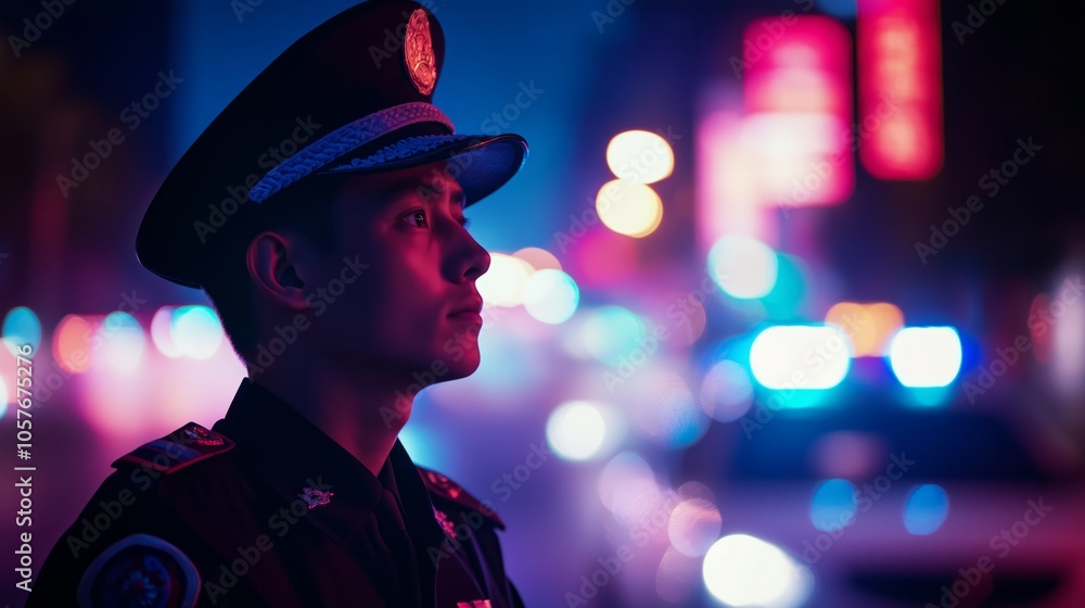 Man in a police uniform is standing in the street Man in a police uniform is standing in the street