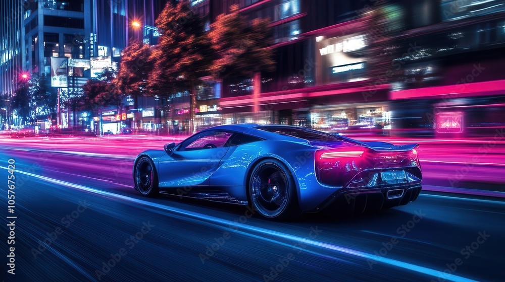 Fototapeta premium modern sleek blue sports car racing down a vibrant city street at night, neon light trails streaming behind as it speeds away, reflecting the lively urban atmosphere