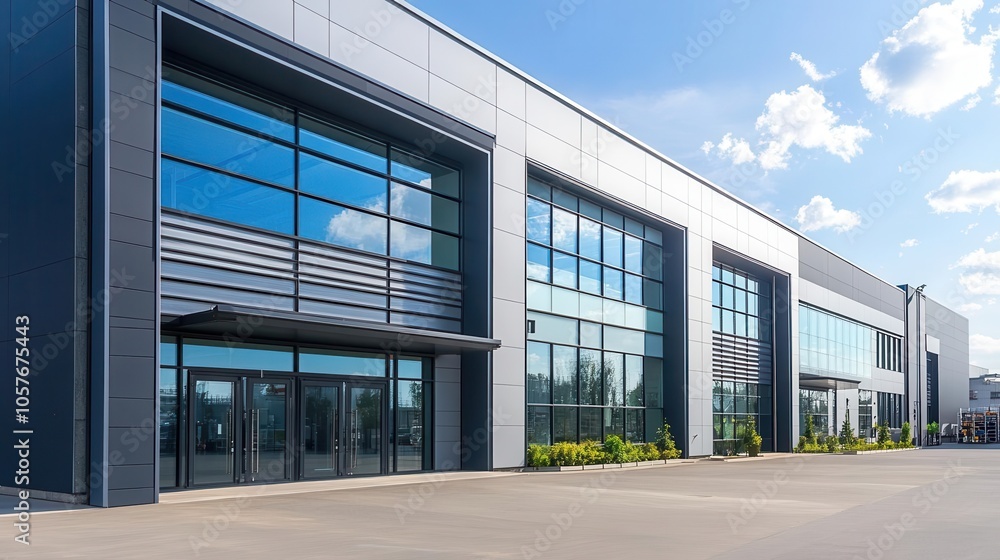 modern warehouse exterior showcasing sleek lines, large glass windows, and a small office unit, highlighting industrial design and functionality modern warehouse exterior showcasing sleek lines, large glass windows, and a small office unit, highlighting industrial design and functionality