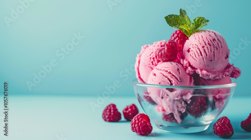 Scoops of pink ice cream with berries in a glass bowl on a blue background, featuring ample copy space for text, showcasing a berry fruit mix concept