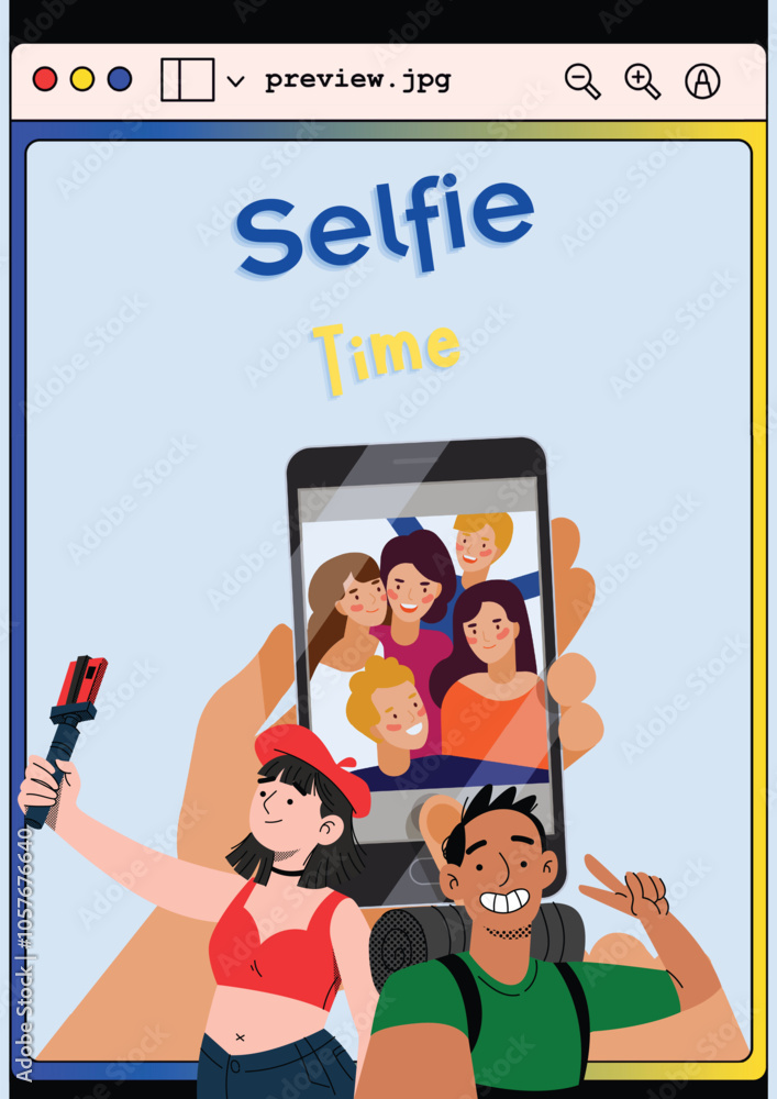 Obraz premium Vector illustration of two young men and women posing for a selfie in the middle of a holiday to record sweet memories