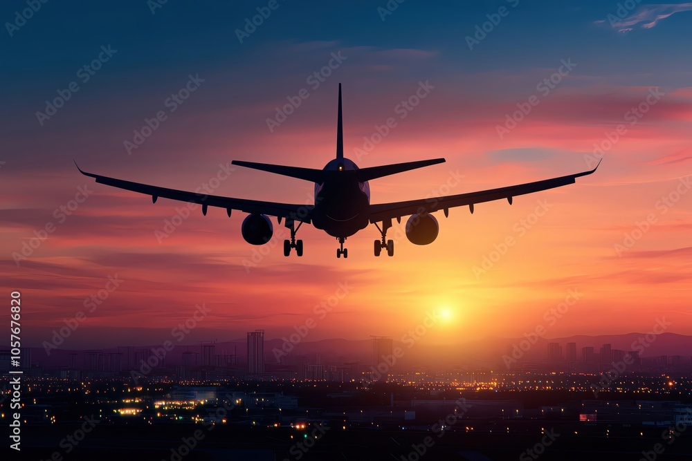 Silhouette of an airplane landing at sunset against a colorful sky. Silhouette of an airplane landing at sunset against a colorful sky.