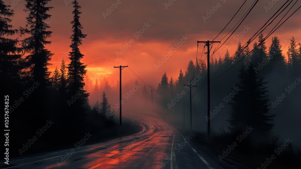 Foggy Road Through Forest at Sunset Foggy Road Through Forest at Sunset