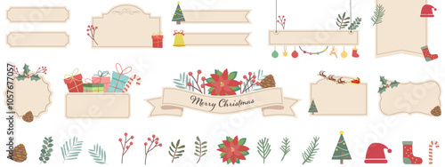 クリスマスの装飾バナー、フレーム、アイコンセット　テキスト無し　ベクターイラスト　あしらい　見出し　タイトル