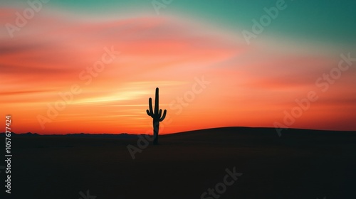 A tall cactus silhouette against a vibrant sunset sky in the desert.