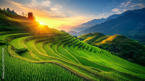 Lush Green Rice Terraces at Sunrise