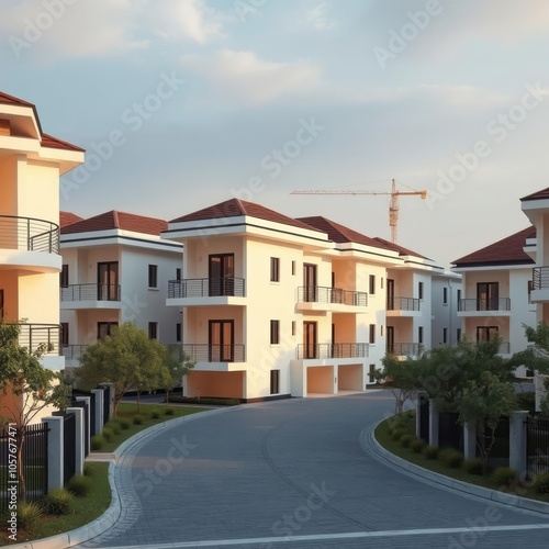 A newly built housing estate of multi-family houses construction of houses final stage of construction Condominium 