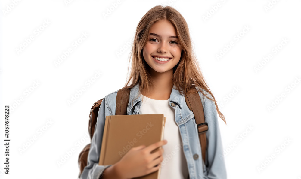 smiling young female student with a backpack holding a book smiling young female student with a backpack holding a book