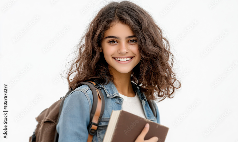 smiling young female student with a backpack holding a book smiling young female student with a backpack holding a book