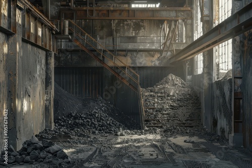 Sunbeams illuminating coal pile inside decaying industrial building creating dramatic scene