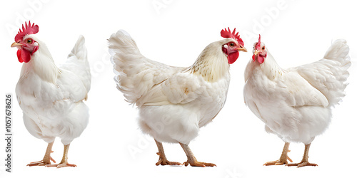 A Collection of Elegant White Chickens Posed in Portrait, Showcasing Their Distinct Features and Graceful Presence in a Beautiful Farm Setting