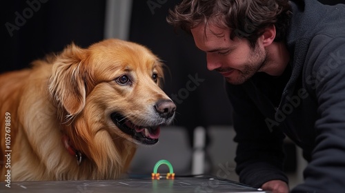 A behaviorist working with a dog in a controlled environment, studying responses to various stimuli. photo