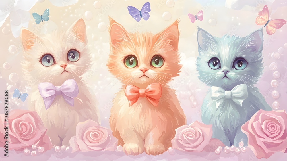 Cute White Kittens Surrounded by Roses and Flowers, Abstract Image, Texture, Pattern Background, Wallpaper, Cover and Screen for Smartphone, PC, Laptop, 9:16 and 16:9 Format Cute White Kittens Surrounded by Roses and Flowers, Abstract Image, Texture, Pattern Background, Wallpaper, Cover and Screen for Smartphone, PC, Laptop, 9:16 and 16:9 Format