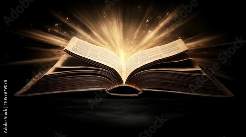 open book with pages flying away, illuminated by bright rays of light breaking through a dark background, symbolizing the power of knowledge and imagination in a dynamic composition