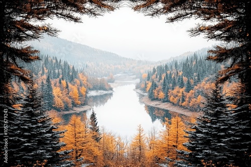 Serene autumn forest with reflective lake and snow-dusted pines