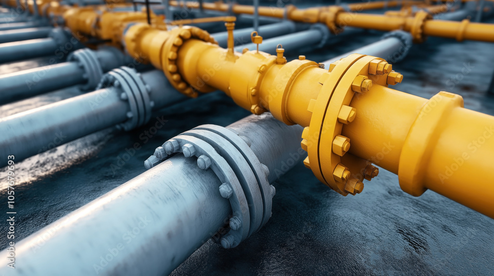 Industrial pipeline network with yellow and gray pipes connected by flanges on a wet surface Industrial pipeline network with yellow and gray pipes connected by flanges on a wet surface