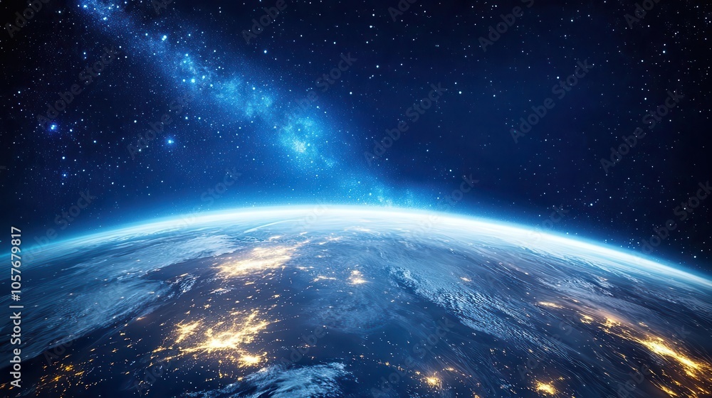 Obraz premium panoramic view of earth from space, showcasing glowing city lights, swirling clouds, and the curvature of the planet against a backdrop of starry darkness