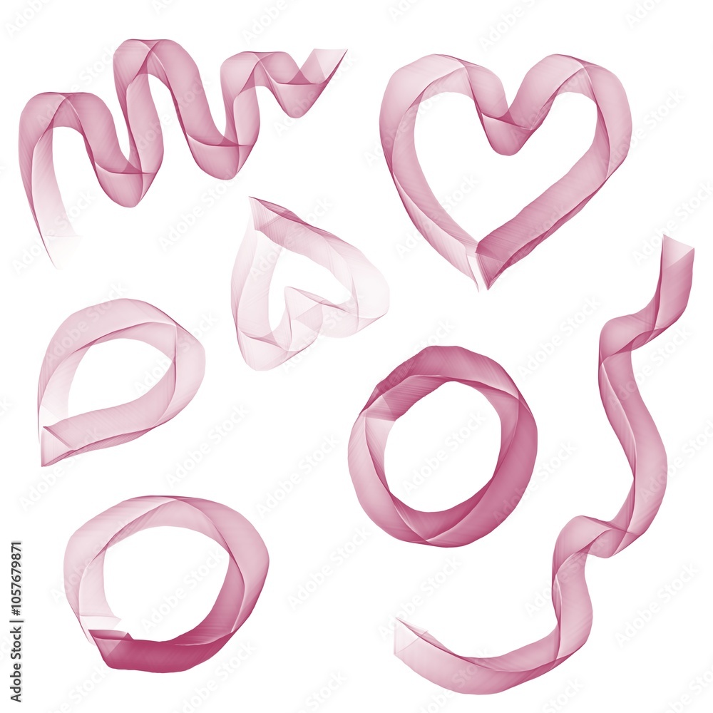 Abstract pink translucent ribbons curved into various shapes on a white background. The ribbons create a sense of fluidity, lightness and elegance, forming unique silhouettes hearts and circle Abstract pink translucent ribbons curved into various shapes on a white background. The ribbons create a sense of fluidity, lightness and elegance, forming unique silhouettes hearts and circle