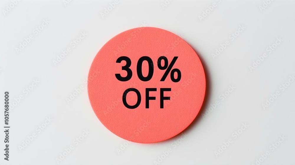 Black '30% OFF' Text on a Light Red Round Paper Note. White Background with Copy Space Black '30% OFF' Text on a Light Red Round Paper Note. White Background with Copy Space