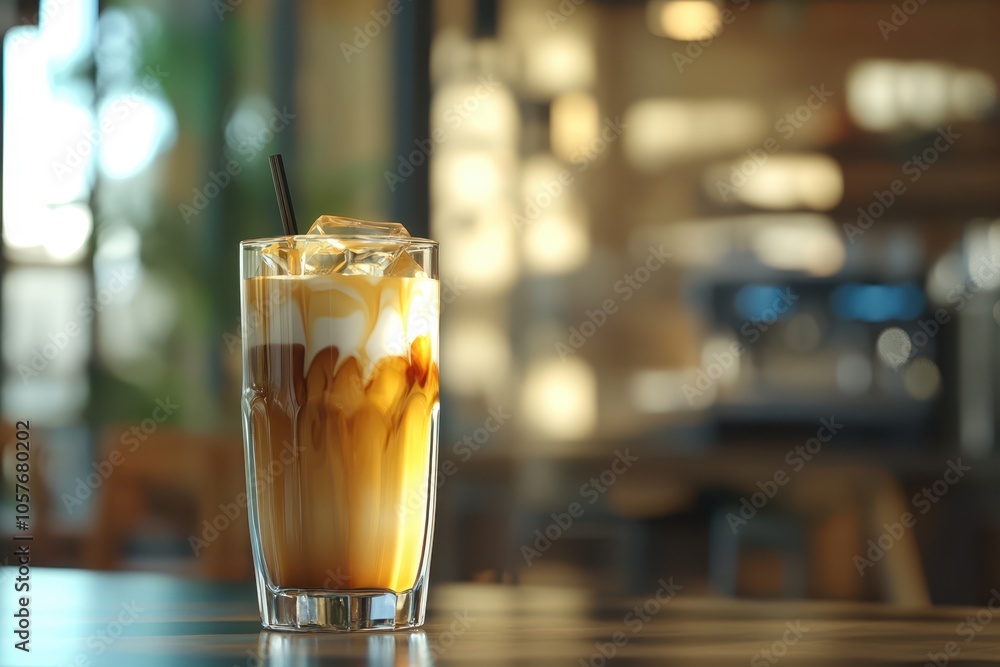 Iced coffee sitting on table in cafe with coffee machine in background Iced coffee sitting on table in cafe with coffee machine in background