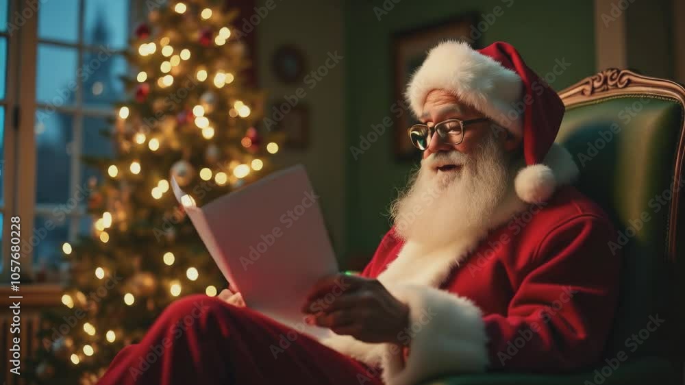 Santa Claus reads a letter from a child with wishes for gifts. Santa Claus reads a letter from a child with wishes for gifts.