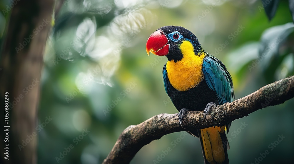 Obraz premium A close-up wildlife photograph of a colorful bird perched on a tree branch, with the forest blurred in the background.