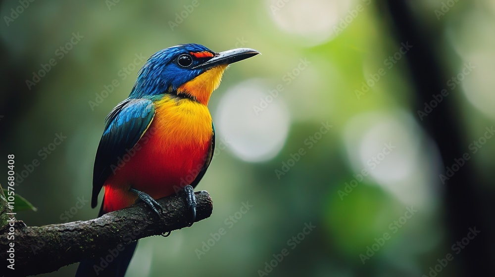 Obraz premium A close-up wildlife photograph of a colorful bird perched on a tree branch, with the forest blurred in the background.