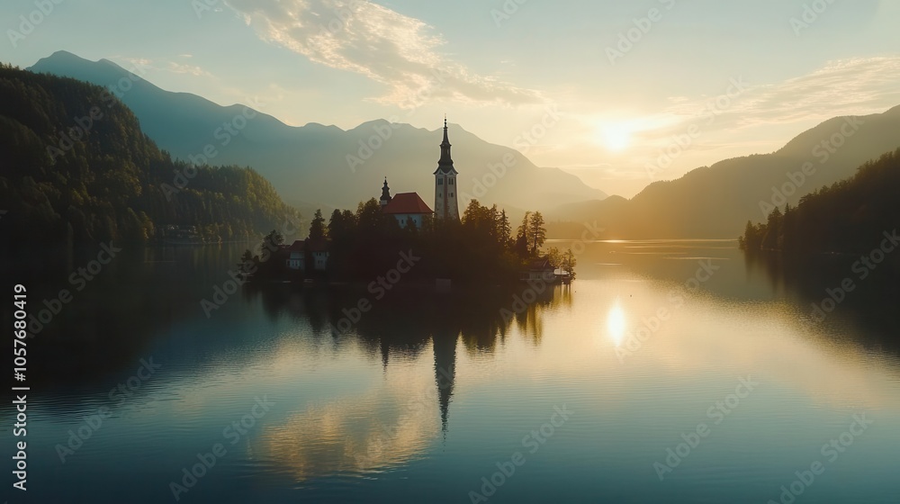 Obraz premium picturesque lake bled, surrounded by lush greenery and mountains, featuring a charming island with a traditional church, evoking tranquility and natural beauty in a stunning landscape