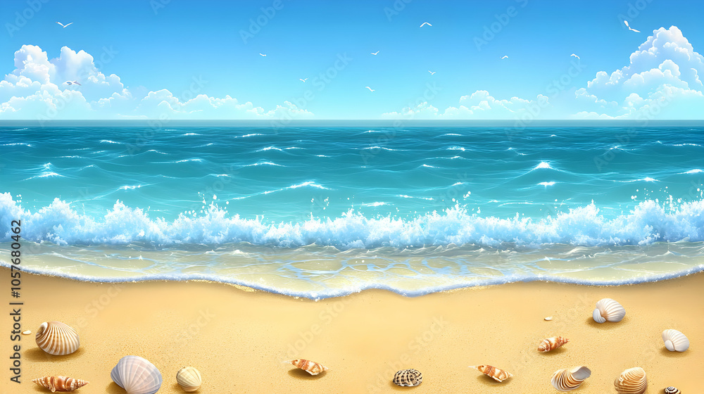 Obraz premium Tranquil sandy beach with blue sky and ocean waves.