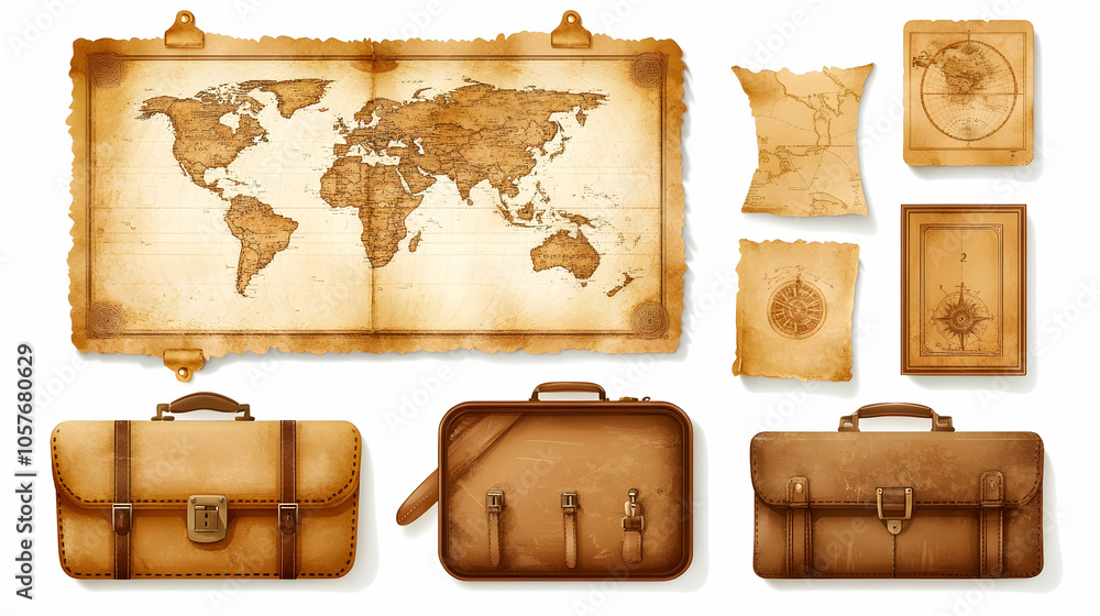 Naklejka premium Vintage travel set with old suitcases and world maps.