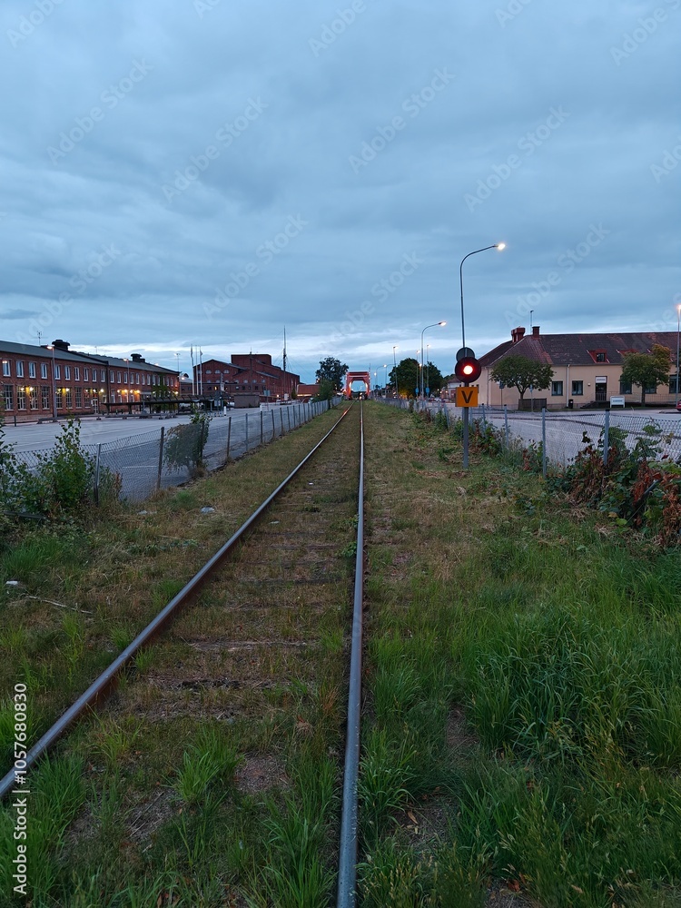 A railway track surrounded by overgrown grass, leading towards a distant red signal light under an overcast sky, creating a quiet and slightly moody scene A railway track surrounded by overgrown grass, leading towards a distant red signal light under an overcast sky, creating a quiet and slightly moody scene