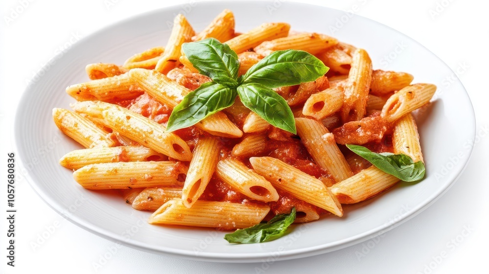 plate of penne alla vodka, featuring al dente pasta enveloped in a rich, pink tomato cream sauce, garnished with basil leaves, set against a pristine white background to emphasize its inviting texture plate of penne alla vodka, featuring al dente pasta enveloped in a rich, pink tomato cream sauce, garnished with basil leaves, set against a pristine white background to emphasize its inviting texture