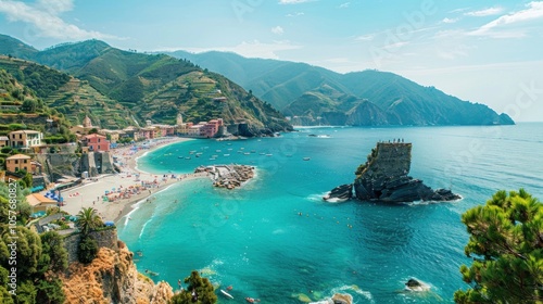 A panoramic view of the beach, with houses and people on it