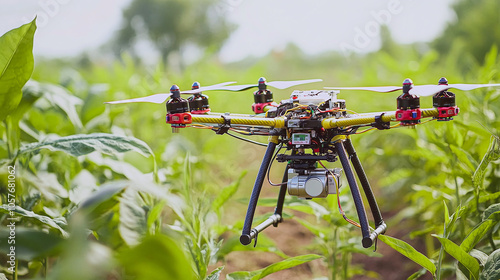 Specialized agricultural drone hovering over a crop field, designed for precision farming and efficient monitoring of plant health.