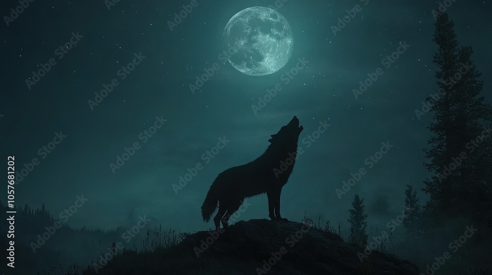A dramatic wildlife photograph of a wolf howling at the moon, with the wilderness stretching out beneath the night sky. A dramatic wildlife photograph of a wolf howling at the moon, with the wilderness stretching out beneath the night sky.