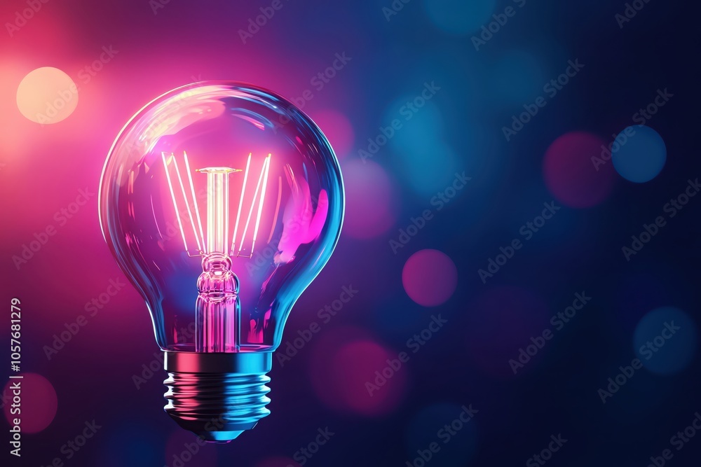 Colorful light bulb illuminated against a dark, blurred background. Colorful light bulb illuminated against a dark, blurred background.