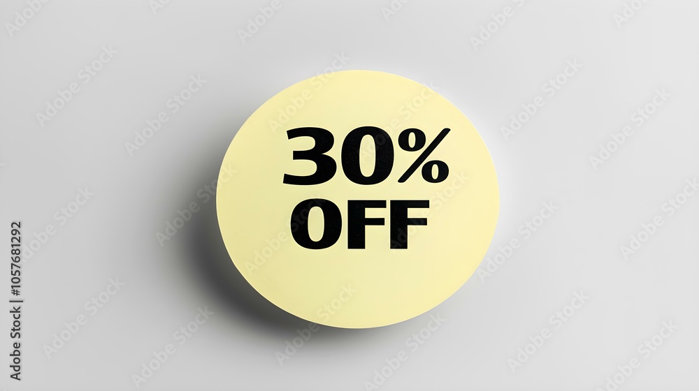Black '30% OFF' Text on a Light Yellow Round Paper Note. White Background with Copy Space Black '30% OFF' Text on a Light Yellow Round Paper Note. White Background with Copy Space