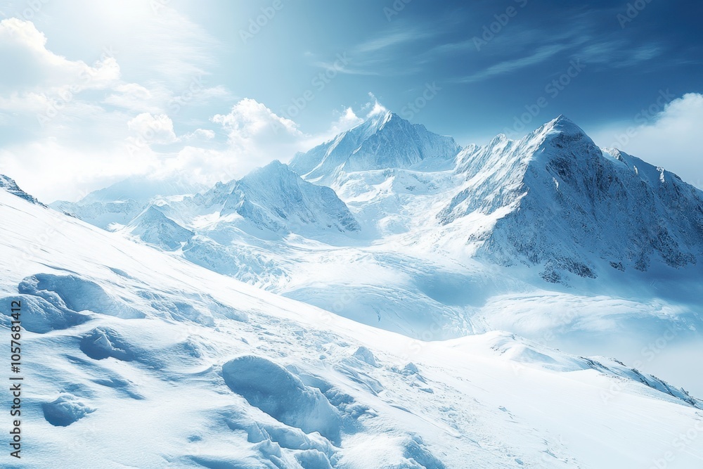 Snow-covered mountains under a bright sky in winter, offering a breathtaking view of nature Snow-covered mountains under a bright sky in winter, offering a breathtaking view of nature